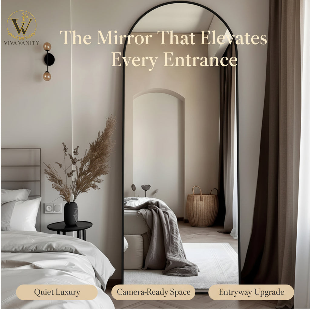 Freestanding full-length mirror positioned in a small bedroom