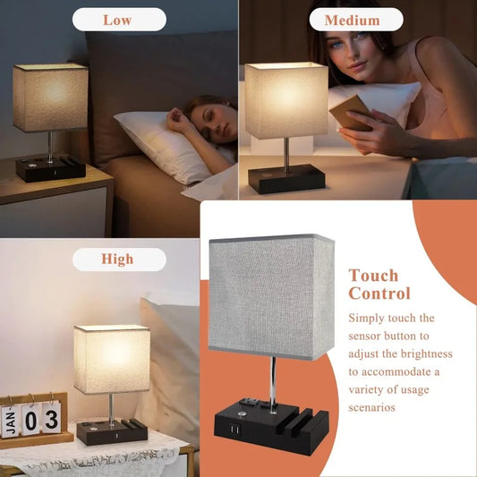 Touch-control bedside lamp shown at multiple brightness levels