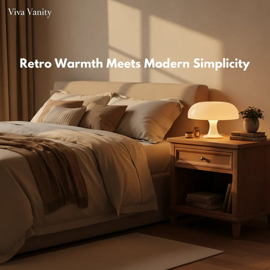 Rechargeable mushroom lamp styled with a simple indoor table vignette