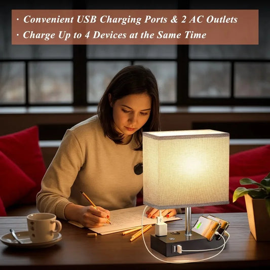 Charging lamp with USB ports and AC outlets beside a workspace