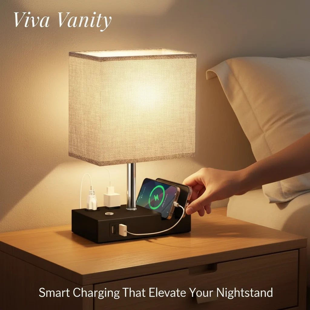 Bedside lamp with USB charging ports, AC outlet and phone stand