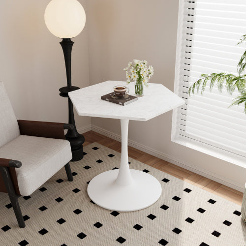 White marble-look hexagonal coffee table in a compact living-room format