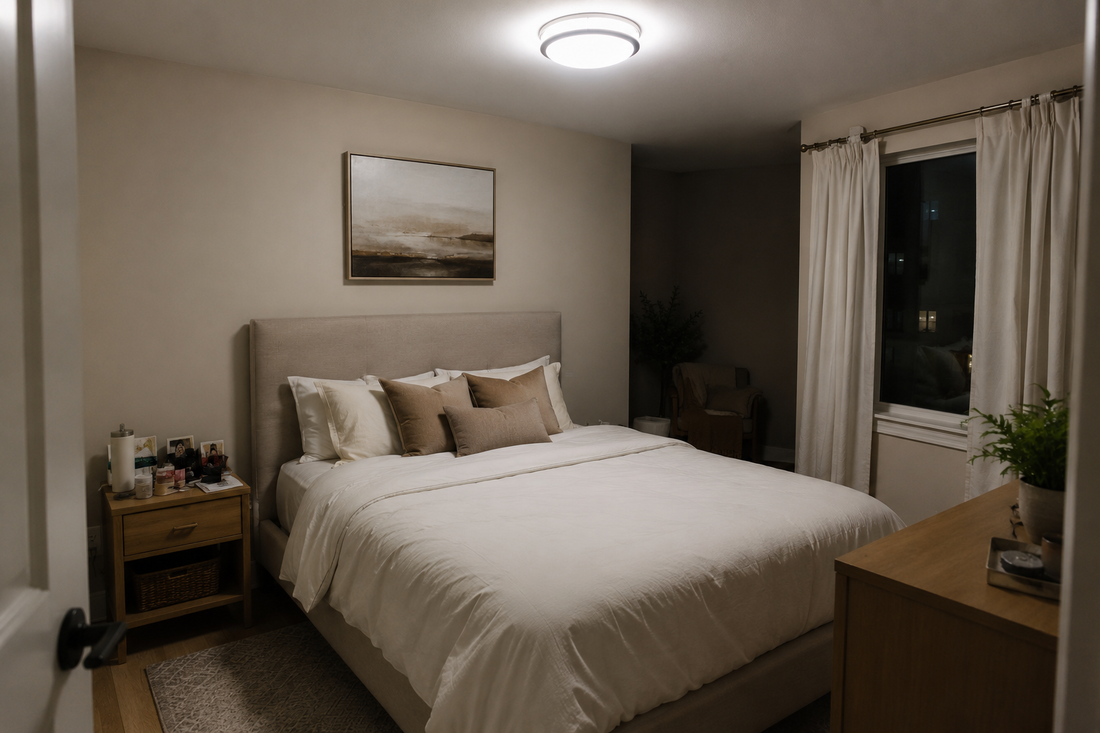 Small apartment bedroom with harsh overhead lighting, a busy nightstand and a dark corner