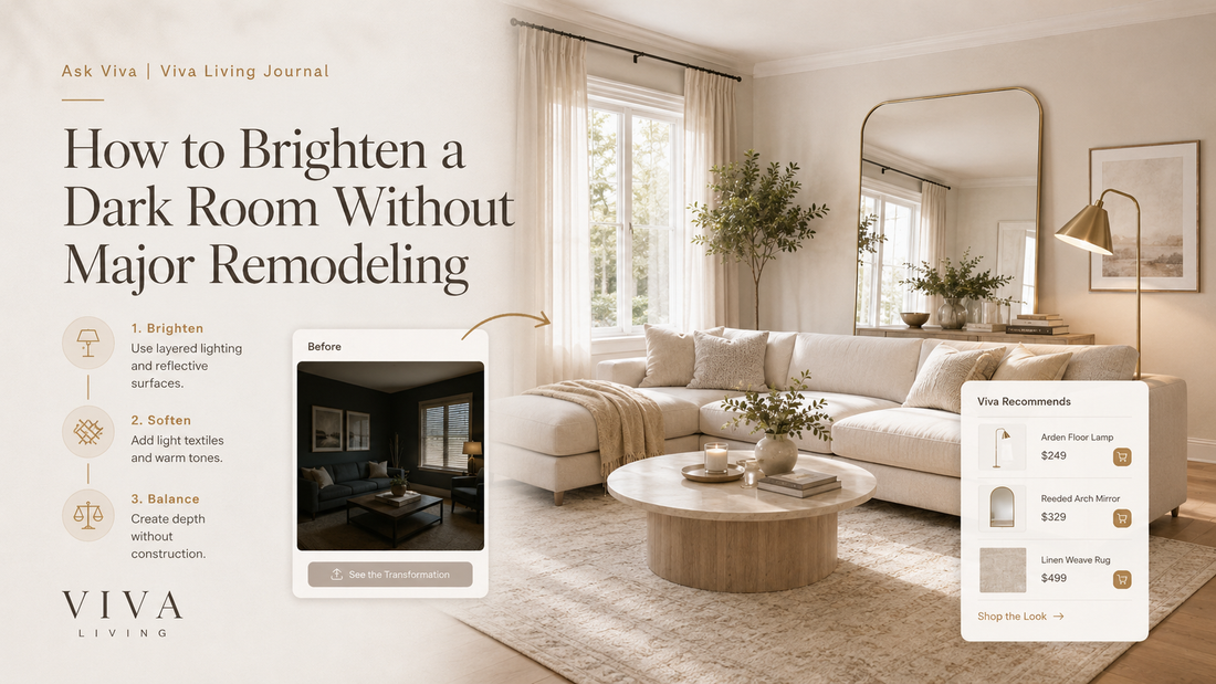 Brighten a dark room without major remodeling with layered lighting and reflective surfaces