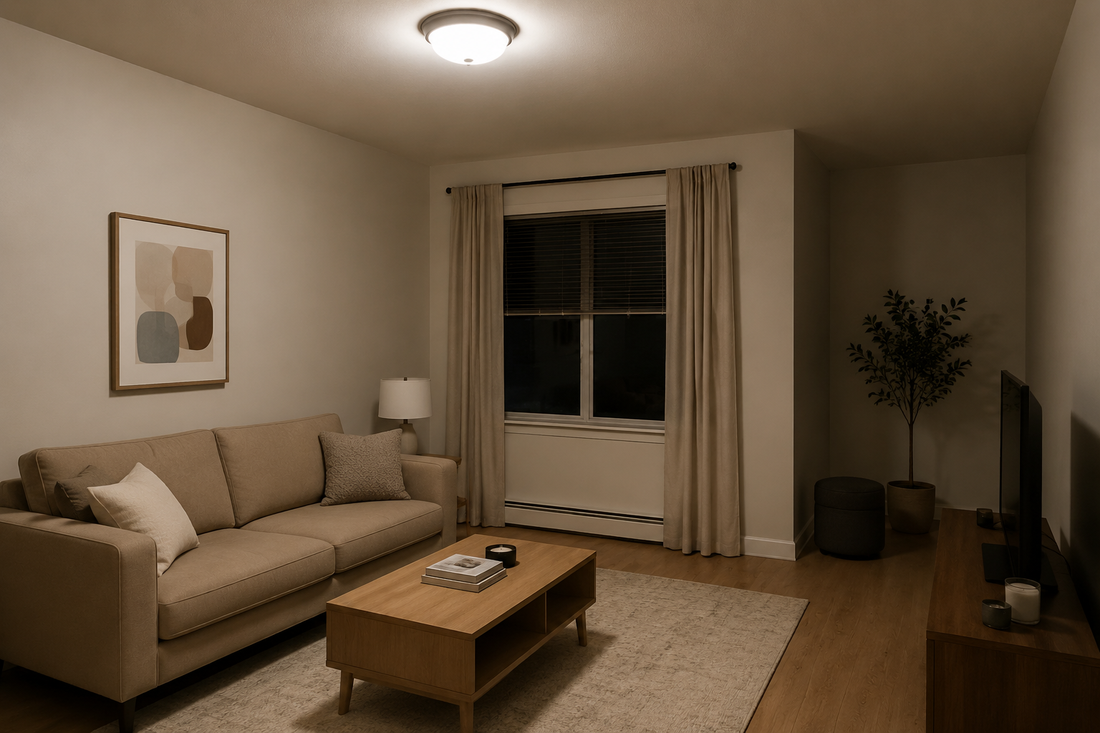 Small beige living room with flat overhead lighting and a dim corner