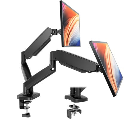 Dual monitor arm with organized display cables routed along the desk mount