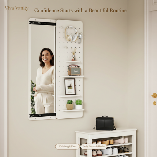 Full-length wall mirror with concealed storage for a small home