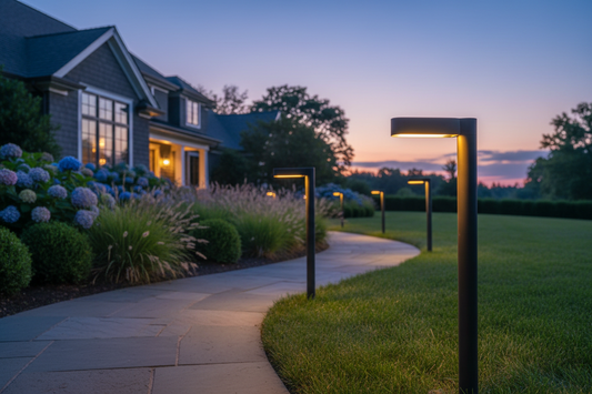 Four solar pathway lights arranged along a garden edge for coverage planning