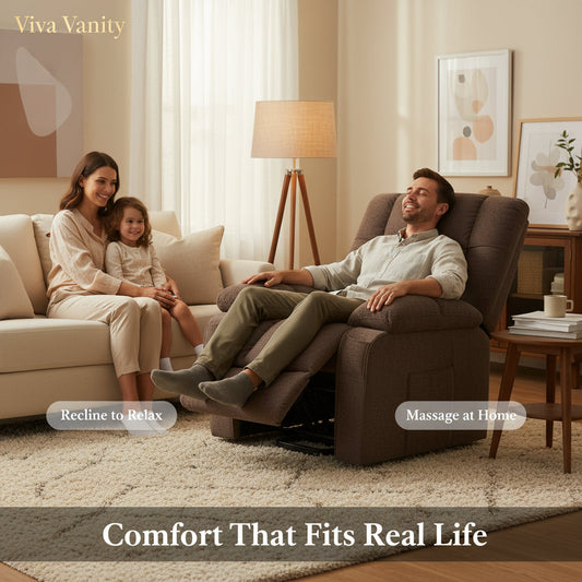 Brown recliner arranged in a living room for placement and fit planning