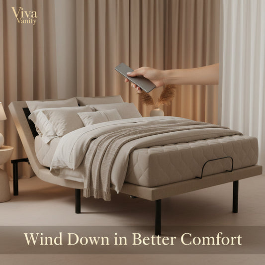 Adjustable bed base shown in an elevated position for feature and fit planning