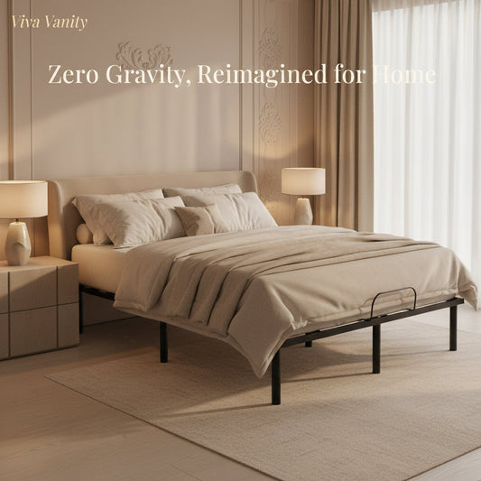 Neutral bedroom layout planned around an adjustable bed base with clear bedside access