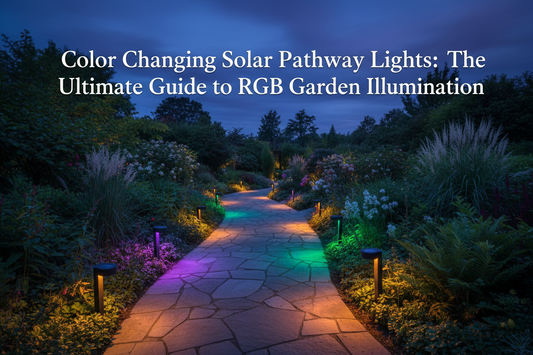 Color-changing solar pathway lights lining a landscaped garden path