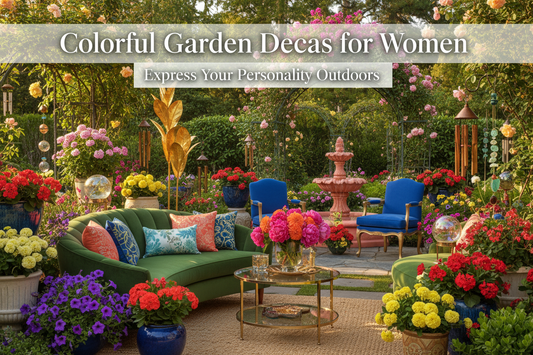 Colorful garden with coordinated flowers, planters and decorative outdoor lighting