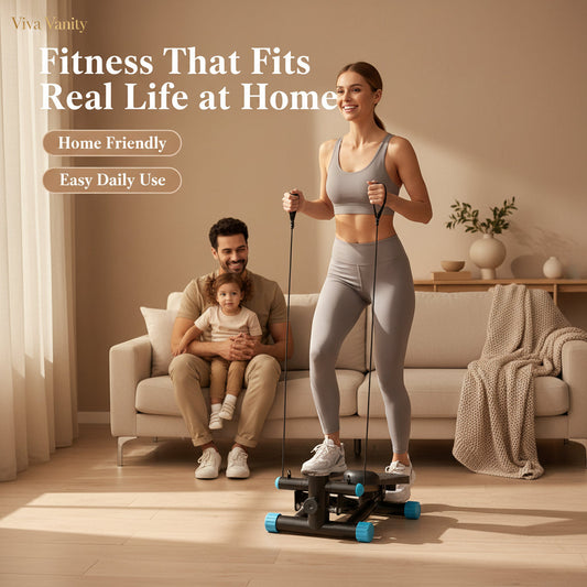 Mini stepper placed in a compact apartment workout area