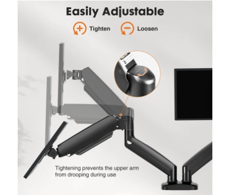 Gas-spring dual monitor arm illustrating adjustable screen positioning