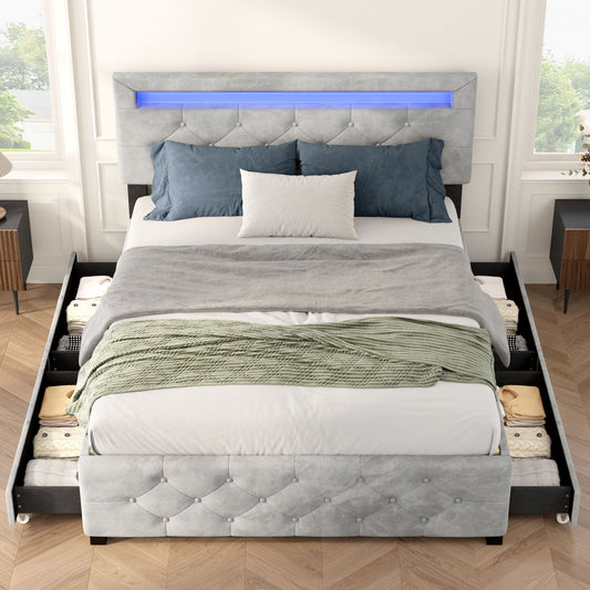 Upholstered storage bed with drawers and integrated lighting