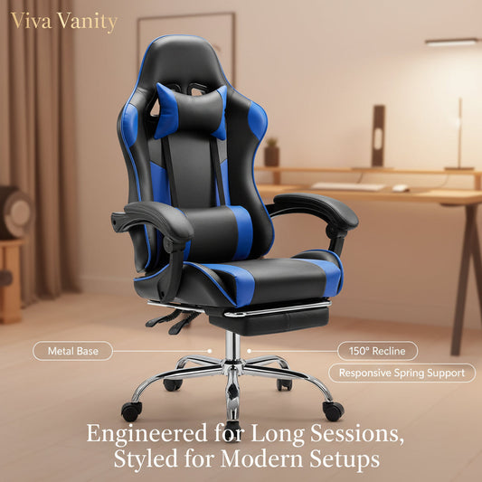 Reclining gaming chair shown for a guide to fit, seat height and backrest adjustment