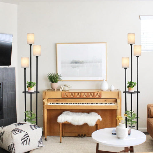 Shelf floor lamp beside a reading chair for a furniture comparison