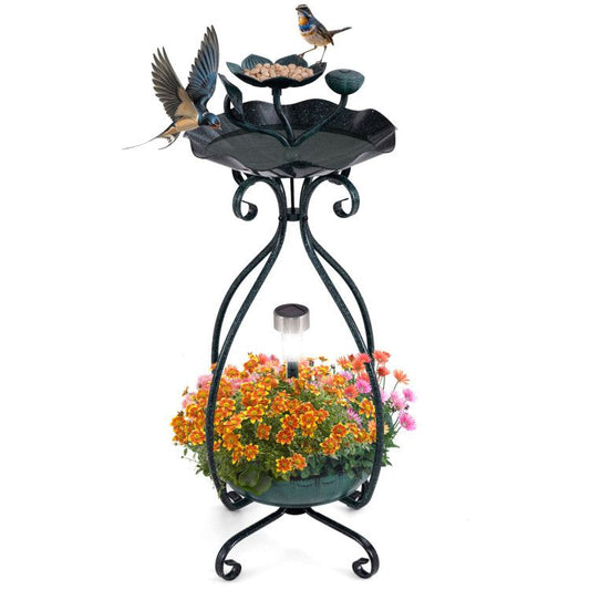 Solar bird bath with feeder and planter for practical summer garden care ideas