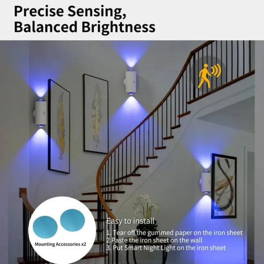 Rechargeable wall lights used along an indoor stair and hallway area