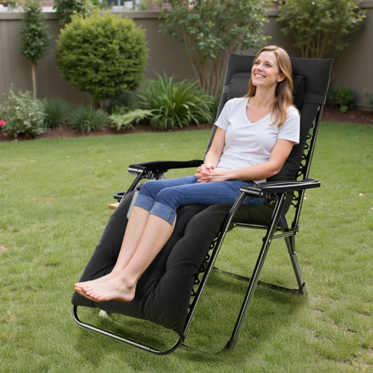 Zero gravity outdoor lounge chair shown in a patio setting for a buying guide