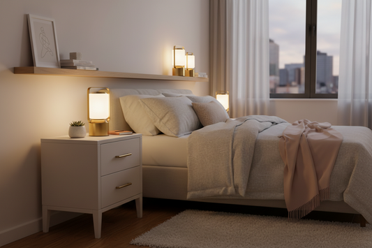 Compact apartment with an emergency lantern stored in an accessible living-area location
