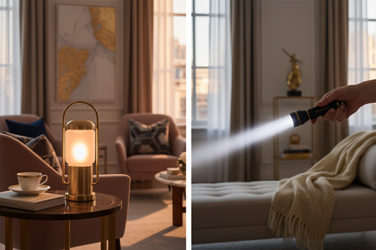 Emergency lantern and flashlight shown side by side for lighting-format comparison