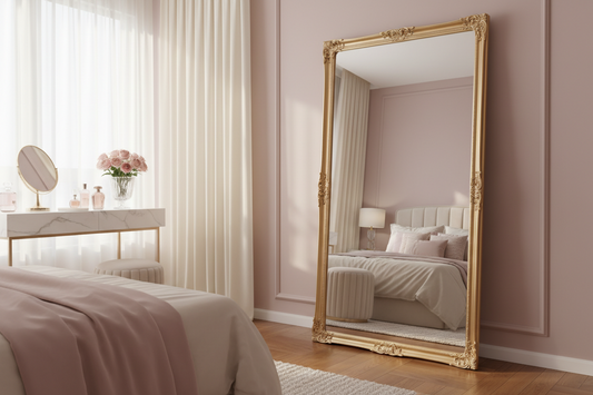 Full-length mirror in a bedroom for size, placement and format planning