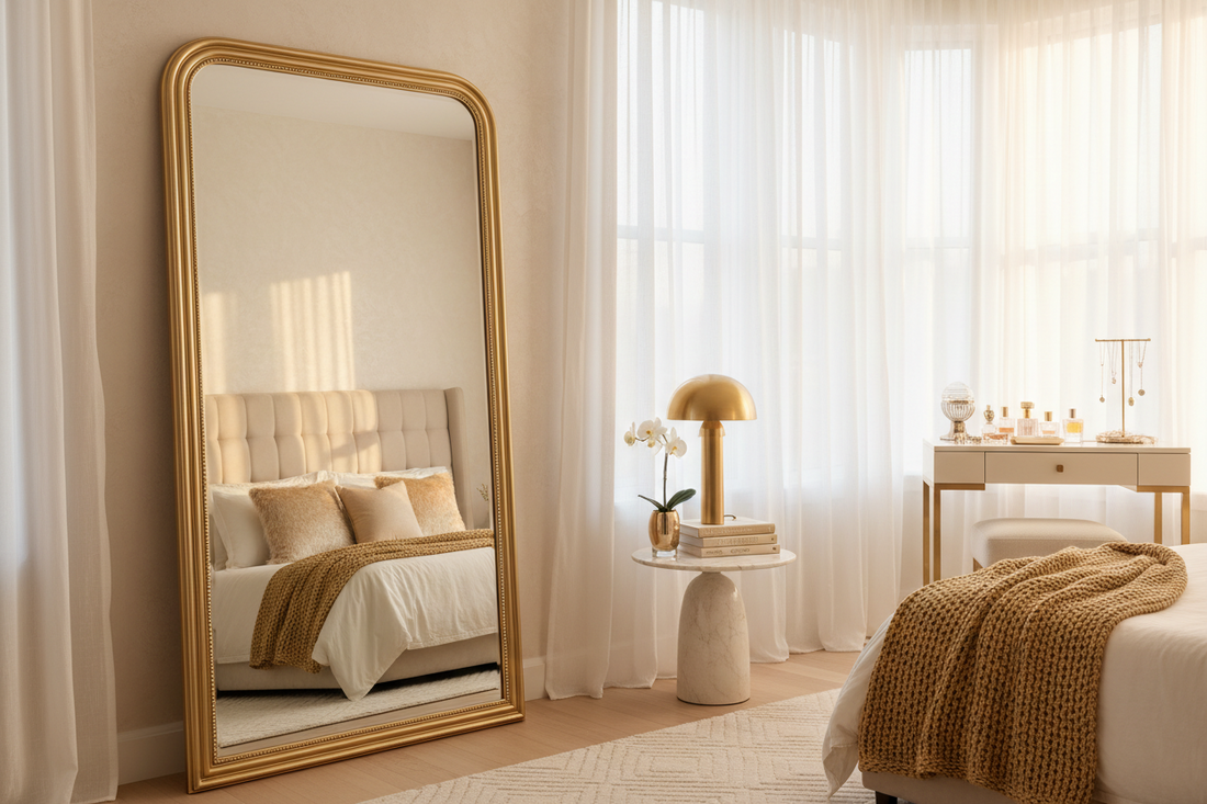 Full-length mirror shown for size, mounting and room-fit considerations