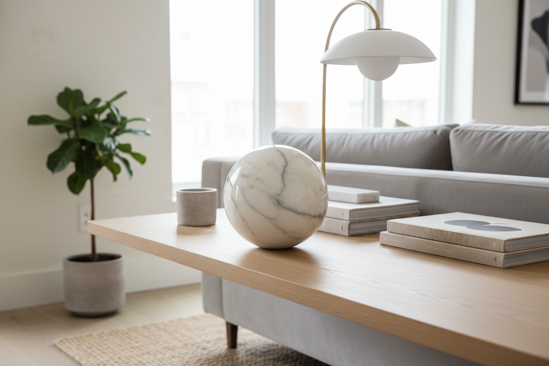 Decorative stone sphere styled on a table with warm neutral materials