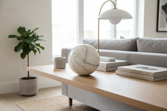 Decorative stone sphere styled on a table with warm neutral materials