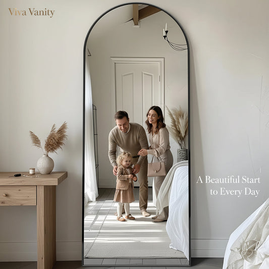 Full-length mirror styled in a bedroom with a simple furniture arrangement