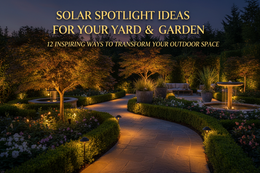 Solar spotlight aimed at garden planting for landscape accent lighting