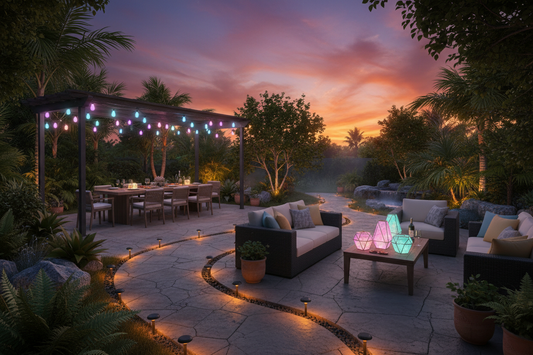 Summer patio and garden with layered decorative outdoor lighting after sunset