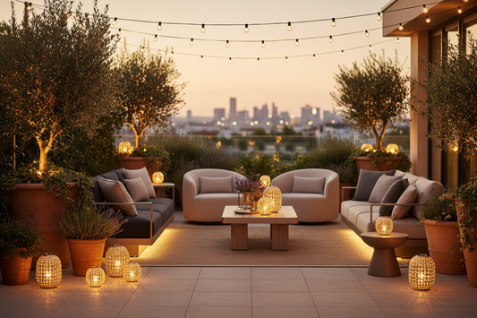 Outdoor garden with layered solar lighting along paths and landscape areas