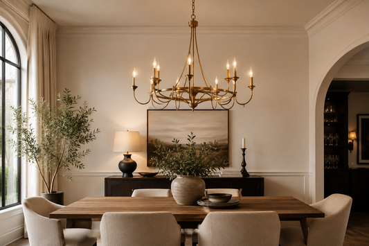Warm dining room with a brass chandelier centered above a wood dining table