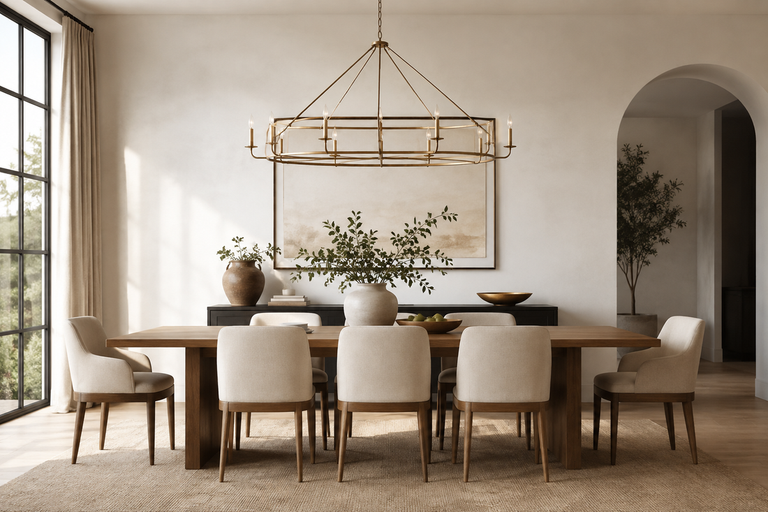 Neutral dining room showing chandelier scale and placement above a long dining table