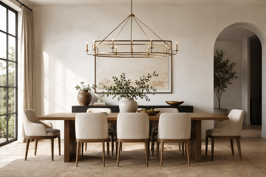 Neutral dining room showing chandelier scale and placement above a long dining table