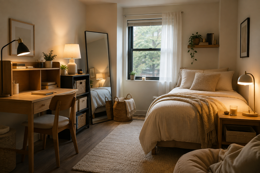 Warm neutral dorm room with layered lighting, compact storage and natural wood furniture