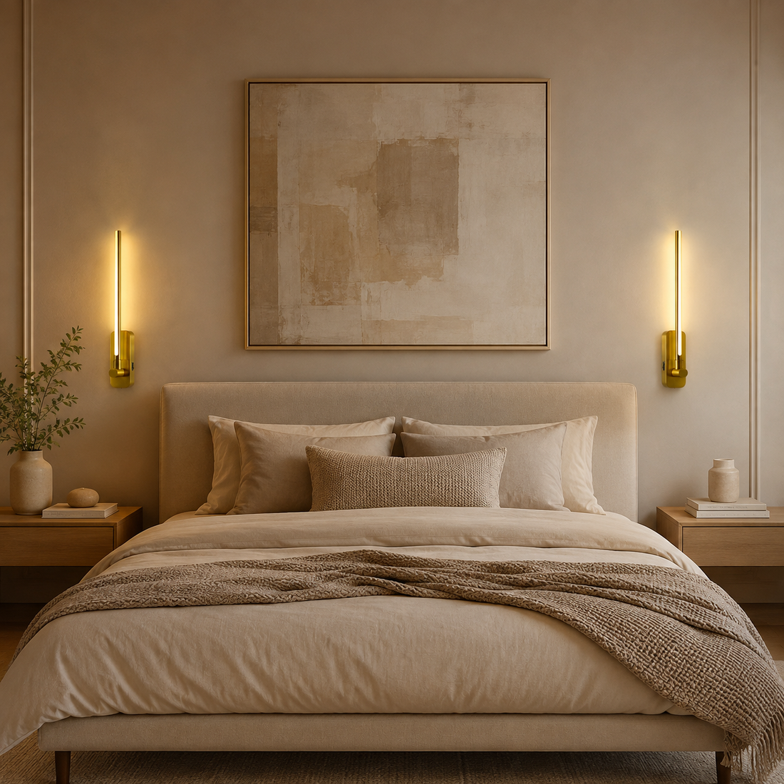 Set of two gold rechargeable swing-arm wall sconces styled beside a neutral bed