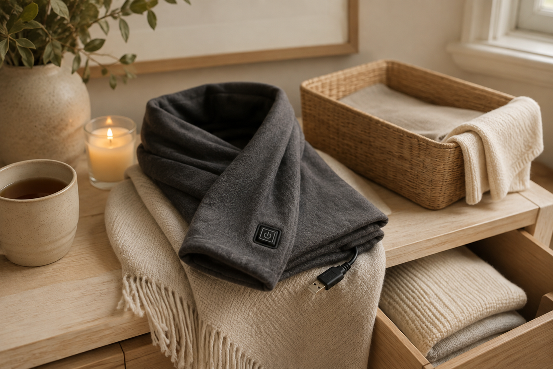 Gray USB heated scarf folded beside a storage basket, mug and candle for care and storage