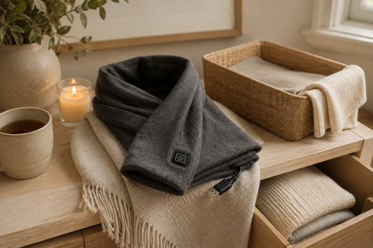 Gray USB heated scarf folded beside a storage basket, mug and candle for care and storage