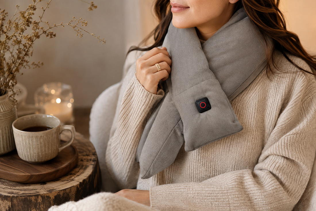 Close view of a gray heated scarf worn with a cream knit sweater in a cozy home setting