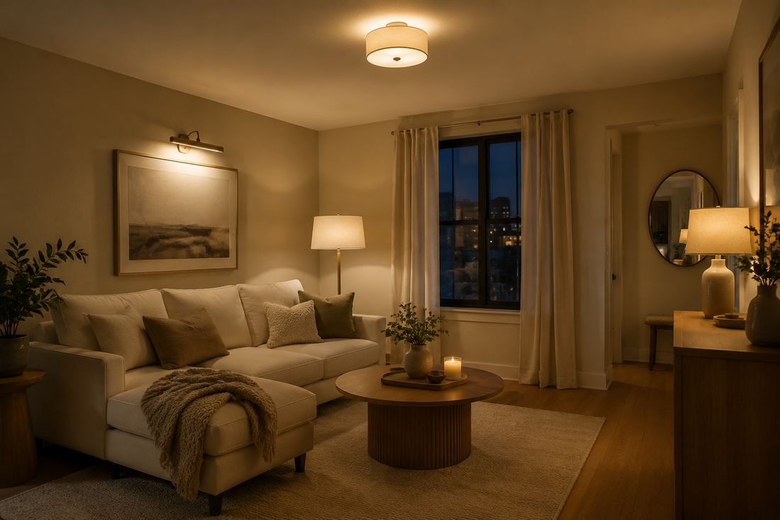 Warm beige living room showing ambient, task and accent lighting layers