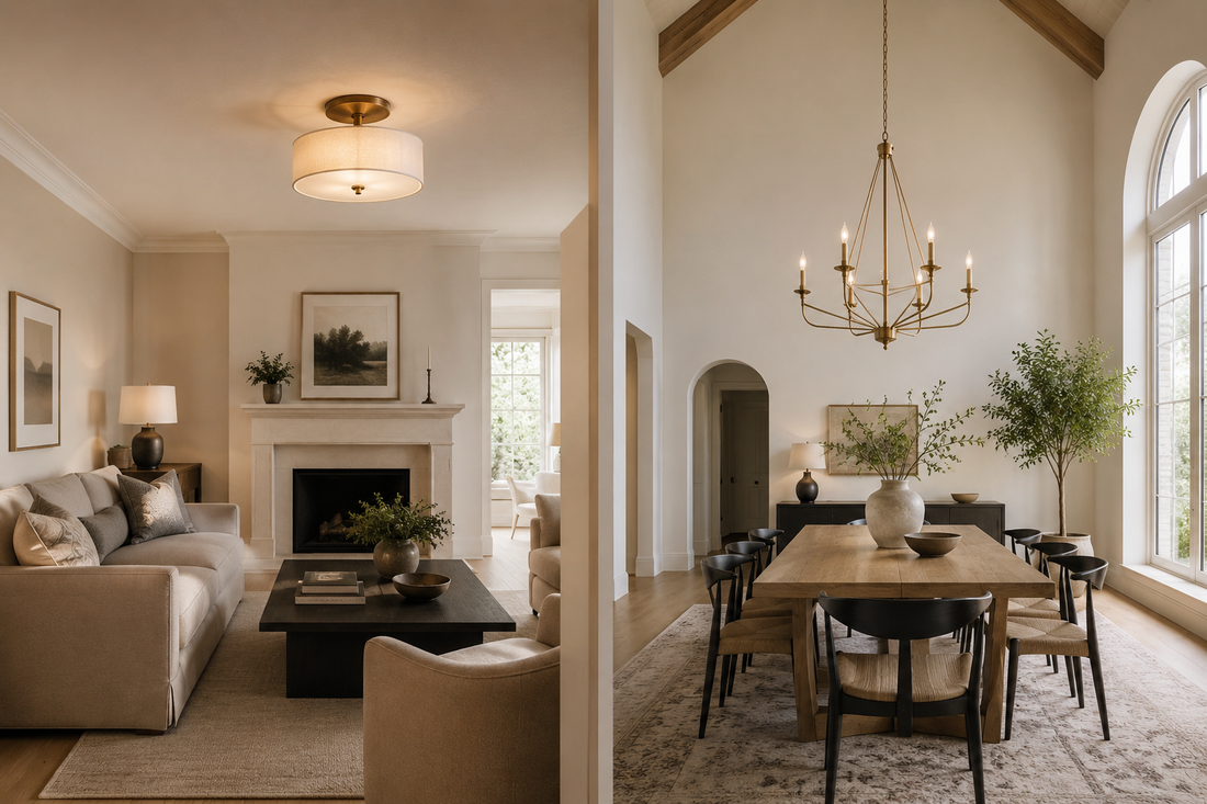 Two warm neutral interiors comparing a semi-flush ceiling light with a hanging chandelier