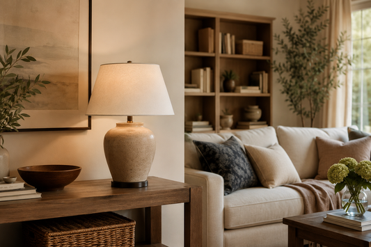 Warm neutral living room with a ceramic table lamp on a wood console beside upholstered seating