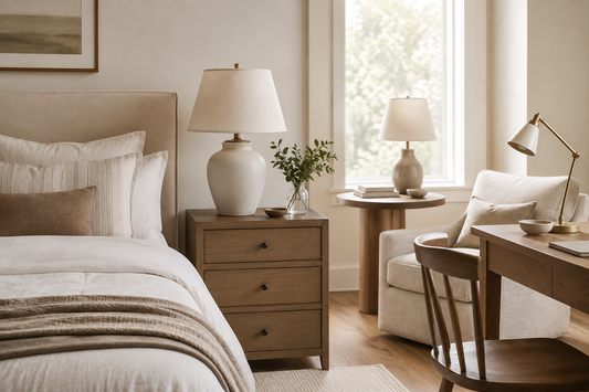 Neutral bedroom with table lamps on a nightstand, side table and desk for lamp sizing guidance