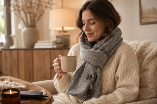 Woman wearing a gray USB heated scarf in a warm neutral living room