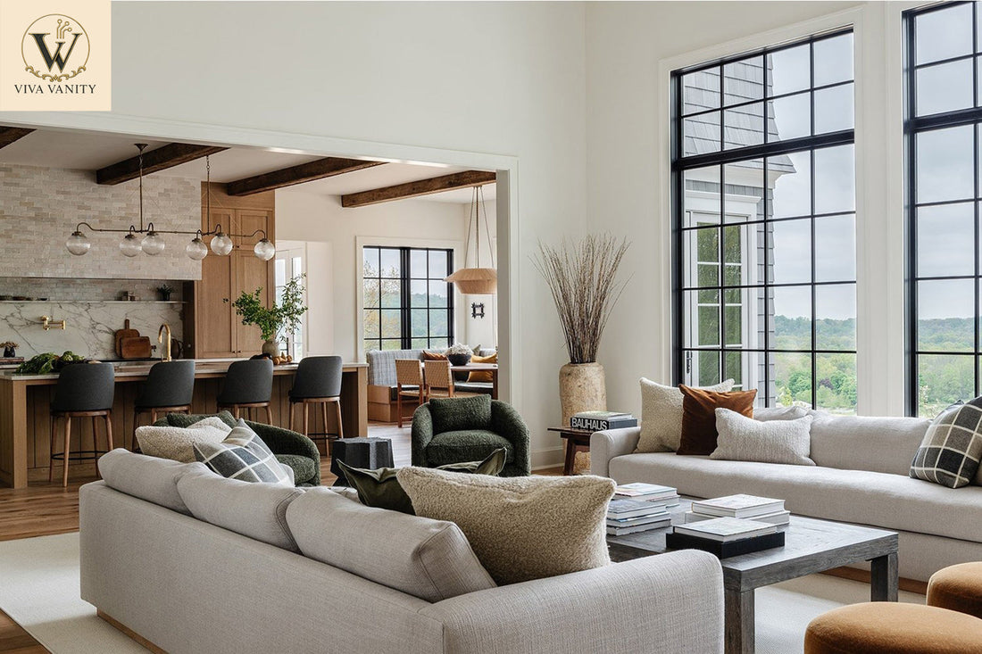 Warm neutral living space layered with cream, beige and natural wood tones