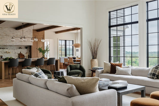 Warm neutral living space layered with cream, beige and natural wood tones